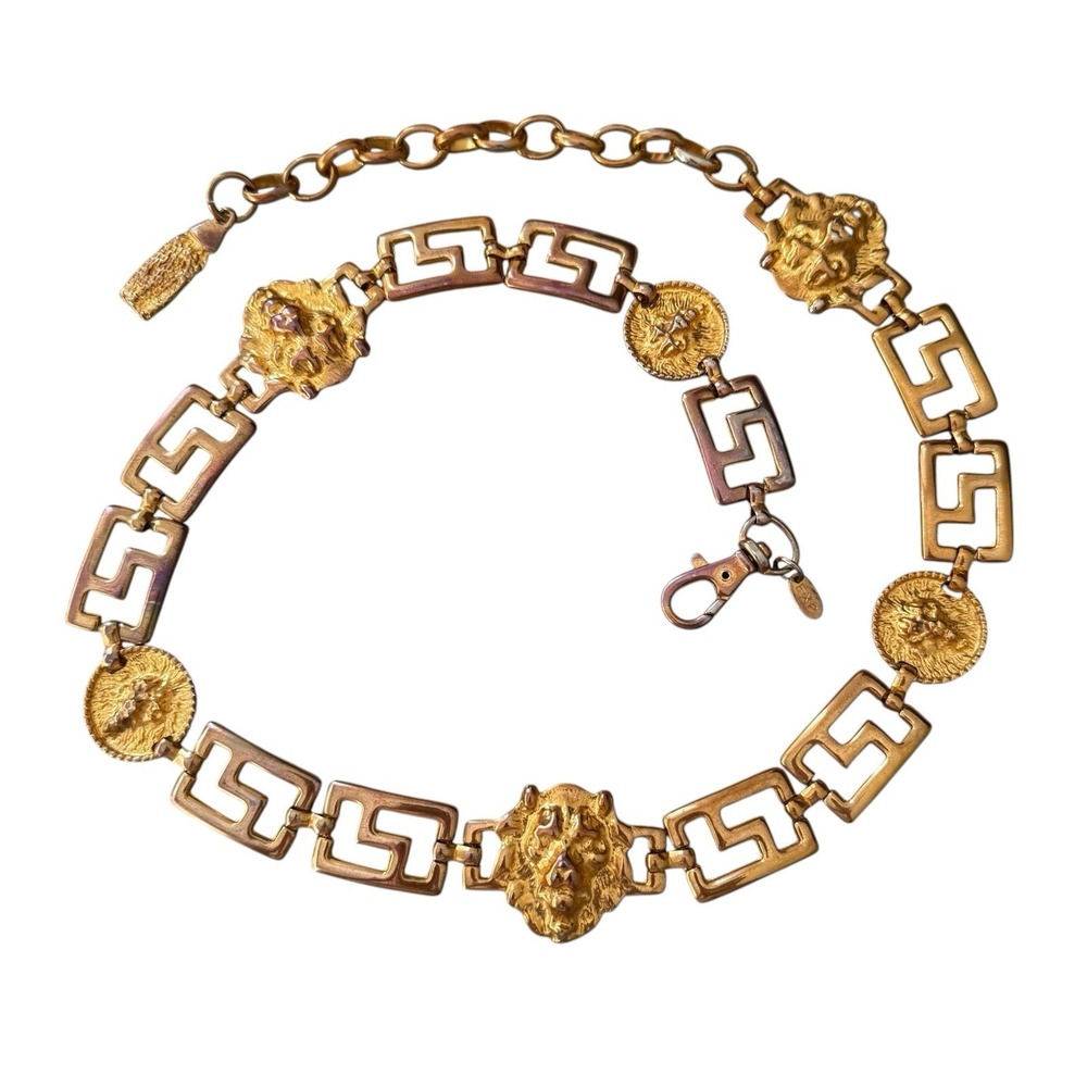 Vintage 80s 90s Gold Tone Lion Head Greek Key Medallion Chain Belt Size XS Small